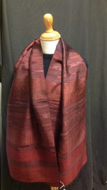 Silk scarf handwoven in reds and pinks in Laos hand tied fringe