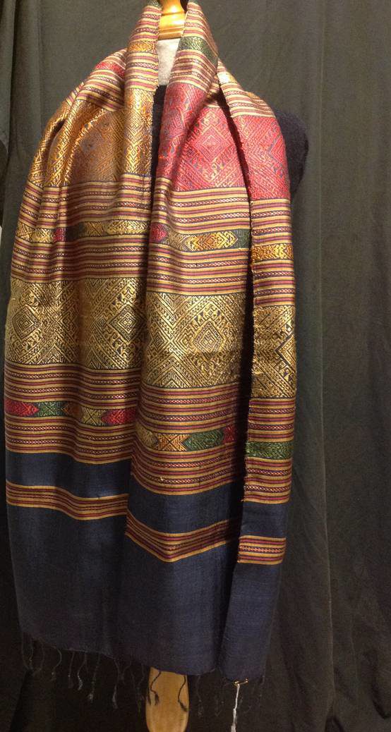 Exotic handwoven traditional scarf and or hangings from Laos, hwndwoven, natural dyes and gold