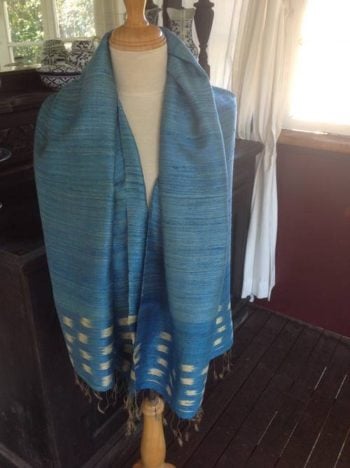 Hand woven silk scarf from Thailand. Blue and wheat colours in square design. Light weave